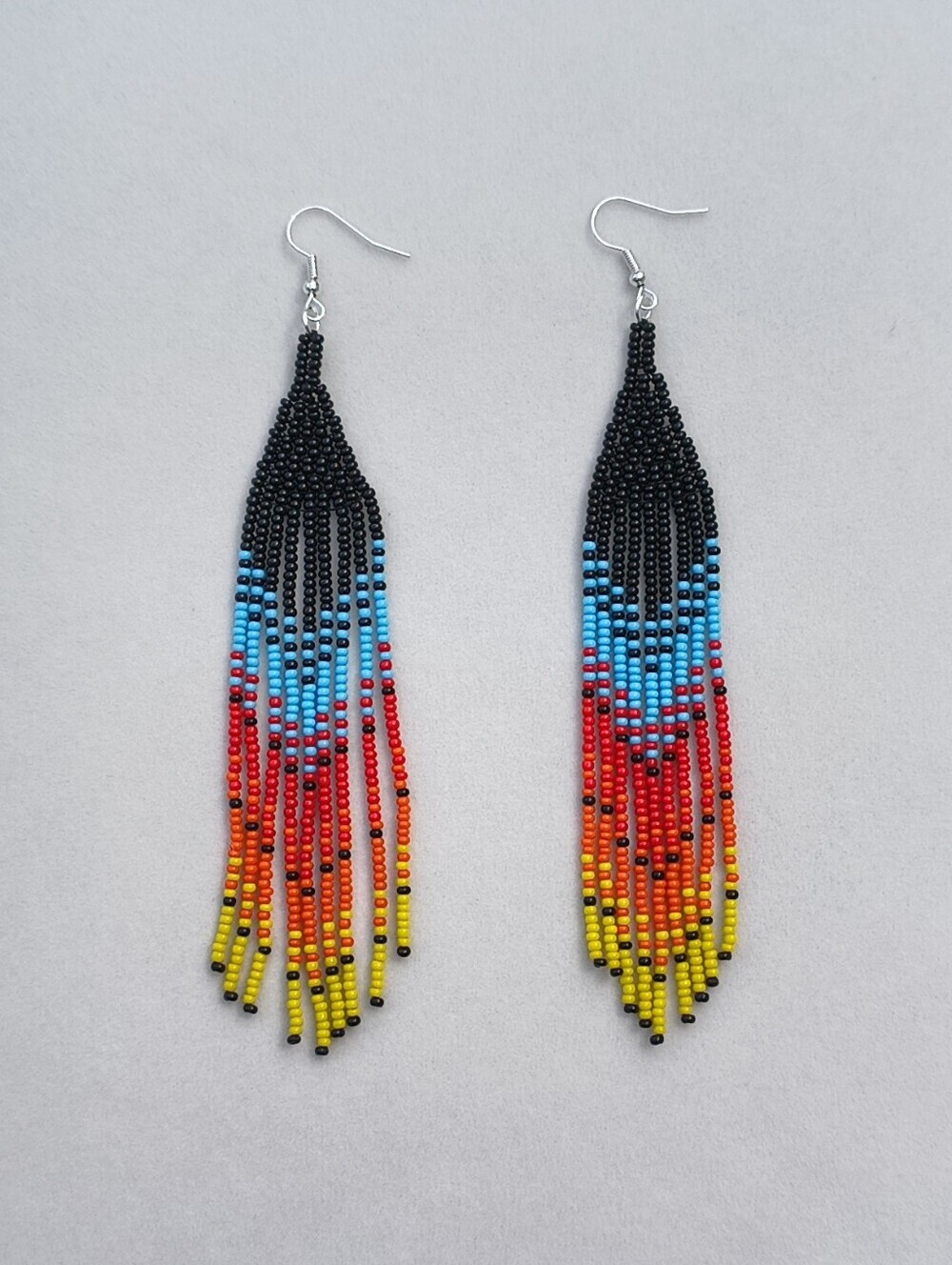 Native American Handmade Beaded Fringe Earrings Black Sunset Gradient - Picture 7 of 8